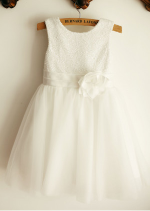 Ivory Sequin Tulle Knee Length Flower Girl Dress